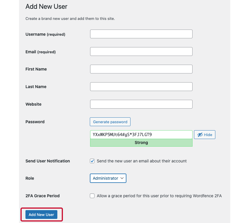 WordPress Add New User form