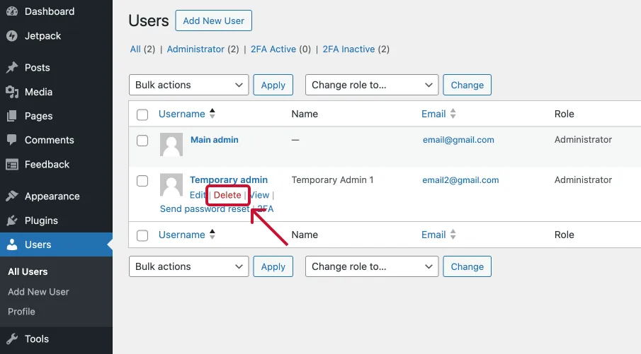 WordPress delete user option