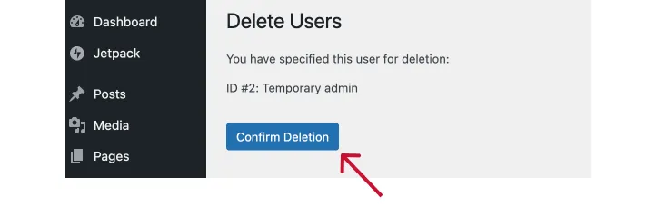 WordPress confirm delete user screen